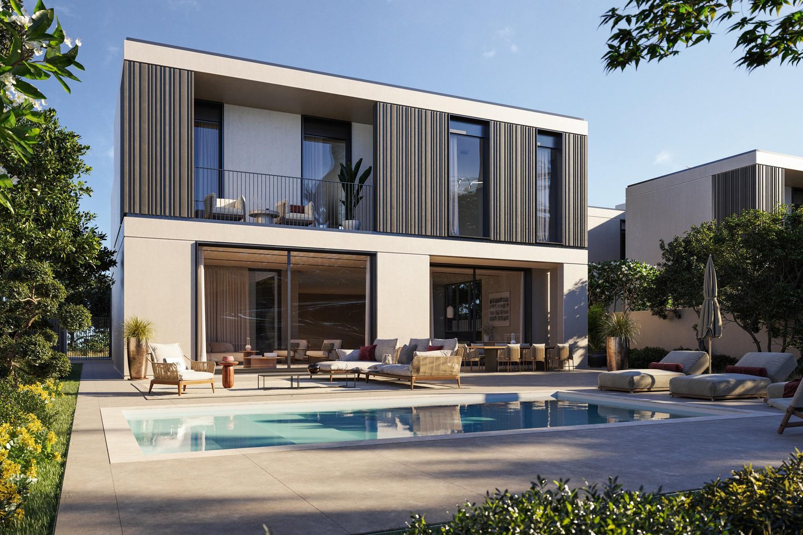 Aerial view of Fay Gardens at Fay Hills Masdar City showcasing luxury villas and lush green community layout.